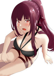  aizawa_u-ji bare_shoulders bikini black_bikini blush breasts cleavage collarbone eyes_visible_through_hair feet_out_of_frame female girls&#039;_frontline hair_ribbon hand_on_floor hand_on_own_knee highres long_hair looking_at_viewer medium_breasts official_alternate_costume on_floor open_mouth ponytail purple_hair red_eyes ribbon solo swimsuit wa2000_(girls&#039;_frontline) wa2000_(op._manta_ray)_(girls&#039;_frontline) white_background 