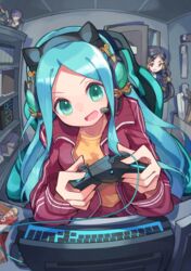  2girls :d absurdres amaterasu_(p&amp;d) ame_no_uzume_(p&amp;d) animal_ears bag_of_chips black_hair blue_hair braid brown_shirt chair chips_(food) collarbone commentary_request computer_keyboard controller fake_animal_ears food forehead game_controller green_eyes head_tilt headphones headset highres holding indoors jacket kuuron_(moesann17) long_hair monitor multiple_girls office_chair on_chair open_clothes open_door open_jacket open_mouth pants parted_bangs potato_chips puzzle_&amp;_dragons red_jacket shirt smile solo_focus swivel_chair track_jacket track_pants track_suit v-shaped_eyebrows very_long_hair 