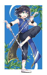  1boy absurdres adapted_costume black_hair black_pants blue_shirt border chinese_clothes dual_wielding full_body green_eyes hashibira_inosuke highres holding holding_sword holding_weapon katana kimetsu_no_yaiba knee_up makura_(makura0128) male_focus pants pose shirt solo standing standing_on_one_leg sword v-shaped_eyebrows weapon white_border white_footwear wristband 