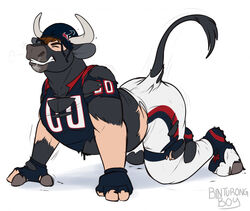  2022 all_fours american_football_uniform anthro armor binturongboss bottomwear bovid bovine breath broken_helmet cattle cleats clenched_teeth closed_eyes clothing fingerless_gloves football_gear football_helmet football_jersey football_pants football_player footwear gloves growth handwear headgear helmet hooves horn houston_texans human human_to_anthro jersey male mammal mascot nfl pants pheagle simple_background socks solo species_transformation tail tail_growth tail_growth_in_pants tail_tuft teeth torn_clothing toro_the_bull transformation tuft white_background 