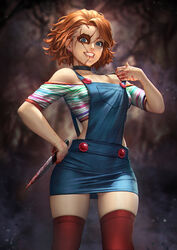  bishoujo_terror blood blood_on_hands blue_eyes blurry blurry_background breasts child&#039;s_play choker chucky chucky_(kotobukiya_bishoujo) crop_top earrings evil_smile female genderswap_(mtf) hand_up holding holding_knife jewelry knife kotobukiya_bishoujo looking_at_viewer neoartcore off-shoulder_shirt off_shoulder orange_hair overall_skirt overalls_pull parted_lips photoshop_(medium) print_shirt red_thighhighs rule_63 shirt short_hair smile solo stitched_face stitches striped_clothes striped_shirt thighhighs underwear 