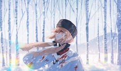  ankodesoy black_hat blood blood_on_clothes blood_on_face blue_shawl brown_hair day female fur_hat hair_ornament hair_ribbon hairclip hat kantai_collection long_hair mountain outdoors papakha ribbon scarf shawl signature snow snowing solo star_(symbol) tashkent_(kancolle) torn_clothes torn_scarf tree white_scarf 