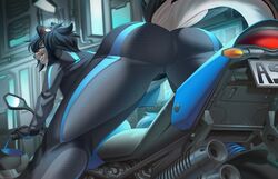  2020 anthro ass butt_focus clothed clothing digital_media_(artwork) domestic_cat felid feline felis female green_eyes grin kris_(excitedcargoyle) kuroame looking_at_viewer looking_back mammal motorcycle motorcycle_helmet rear_view smile solo teeth tight_clothing vehicle 