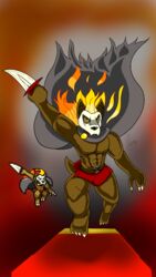  9:16 anthro bone bottomwear canid canine claws cloak clothing fire flaming_hair forsburn hi_res hyena knife loglord loincloth male mammal mask melee_weapon pseudo_hair red_eyes rivals_of_aether skull skull_mask smoke solo weapon wearing_mask 