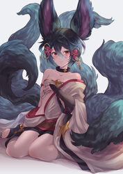  animal_ears backless_outfit bad_id bad_pixiv_id bandaged_arm bandages bare_shoulders blue_hair blush closed_mouth collarbone commentary_request erune female fox_ears fox_girl fox_tail granblue_fantasy hair_between_eyes hair_ornament highres large_tail looking_at_viewer multiple_tails off_shoulder short_hair shorts simple_background sitting solo tail white_background you_(granblue_fantasy) yue_(lov_n_n) 