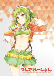  ascot blush breasts closed_mouth comiket_87 commentary female fingernails frilled_skirt frills goggles goggles_on_head green_eyes green_hair green_nails green_skirt green_tube_top gumi gumi_(v3_megpoid) hand_in_own_hair hand_on_own_hip headphones heart heart-shaped_pupils highres jacket long_sleeves looking_at_viewer midriff navel open_clothes open_jacket orange_jacket rahwia red-tinted_eyewear red_goggles second-party_source skirt solo stomach strapless suspender_skirt suspenders symbol-shaped_pupils tinted_eyewear translation_request tube_top underboob vocaloid white_ascot 