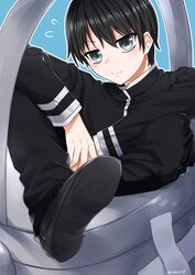  1boy arms_between_legs artist_name black_hair black_pants black_shirt blue_background blush closed_mouth collared_shirt crossed_legs full_body grey_eyes hair_between_eyes head_tilt highres kisaragi_amatsuyu long_sleeves looking_at_viewer male_focus mari_(rodoney-kiara) nose ore_wo_suki_nano_wa_omae_dake_ka_yo own_hands_together pants school_uniform shirt shoes short_hair sitting sitting_on_object solo sweat sweatdrop watering_can 