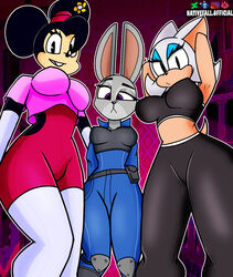  anthro ass bat big_breasts bottomwear breasts butt_pose clothed clothing confusion crossover disney exposure_variation eyelashes female group hands_behind_head hat headgear headwear hi_res judy_hopps lagomorph legwear leporid looking_at_viewer looking_down looking_down_at_viewer low-angle_view mammal mature_anthro mature_female midriff minnie_mouse mouse murid murine nativefall partially_clothed pinup pose purple_eyes rabbit rodent rouge_the_bat sega smile smiling_at_viewer sonic_the_hedgehog_(series) stockings thick_eyelashes thick_thighs tight_bottomwear tight_clothing tights zootopia 