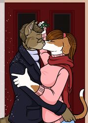  2019 5_fingers anthro beagle black_nose breasts brown_body brown_fur brown_hair canid canine canis christmas closed_eyes clothed clothing coat dan_lansdowne dhlawrence1985 digital_media_(artwork) domestic_cat domestic_dog duo eyewear felid feline felis female fingers floppy_ears fur glasses hair hi_res holidays humanoid_hands hunting_dog kissing krista_van_hoorn male male/female mammal mistletoe multicolored_body multicolored_fur plant rhari romantic romantic_couple scarf scent_hound story story_in_description striped_body striped_fur stripes sweater tabby_cat topwear two_tone_body two_tone_fur white_body white_fur 