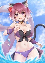  :d absurdres animal_ear_fluff animal_ears ass_visible_through_thighs bare_shoulders bell bikini breasts bridal_gauntlets cat_ears cat_girl cat_tail chakuro96 commentary_request female flower front-tie_bikini_top front-tie_top hair_flower hair_ornament highres jingle_bell looking_at_viewer medium_breasts navel neck_bell official_alternate_costume open_mouth princess_connect! purple_bikini purple_eyes ribbon-trimmed_bikini shawl short_hair smile solo swimsuit tail tamaki_(princess_connect!) tamaki_(summer)_(princess_connect!) 