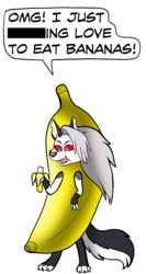  alpha_channel anthro banana banana_costume canid canid_demon canine clothed clothing costume demon dialogue eating english_text female food food_costume fruit hellhound helluva_boss loona_(helluva_boss) mammal mythological_canine mythological_creature mythology plant solo speech_bubble standing text vixdojofox 