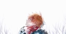  1boy bad_id bad_twitter_id black_gloves blue_eyes day fur_trim genshin_impact gloves hair_between_eyes highres male_focus orange_hair outdoors parted_lips portrait profile red_scarf scarf snowing solo tartaglia_(genshin_impact) tree umenoume 