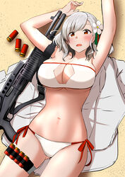  absurdres aizawa_u-ji beach bikini blush breasts cleavage collarbone curvy feet_out_of_frame female flower from_above girls&#039;_frontline grey_hair gun hair_flower hair_ornament hair_ribbon hand_up highres large_breasts looking_at_viewer lying medium_hair navel official_alternate_costume on_back open_mouth pump_action red_eyes ribbon sand shell_casing shotgun solo spas-12 spas-12_(girls&#039;_frontline) spas-12_(midsummer_fruit)_(girls&#039;_frontline) swimsuit weapon white_bikini wide_hips 