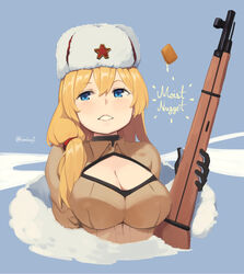  blonde_hair blue_background blue_eyes bolt_action breasts chicken_nuggets cleavage cleavage_cutout clothing_cutout commentary female fur_hat girls&#039;_frontline gloves gun hair_between_eyes hair_tie hat highres kion-kun large_breasts long_hair mosin-nagant mosin-nagant_(girls&#039;_frontline) mosin-nagant_(mod3)_(girls&#039;_frontline) rifle solo twitter_username upper_body ushanka water_drop weapon 