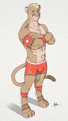  9:16 anthro apollo_the_cougar apollo_the_cougar_(artist) armband clothing cougar cuffs_(clothing) felid feline hi_res lifeguard lifeguard_swimsuit male mammal solo swimwear 