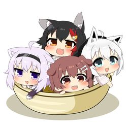  4girls ahoge animal_ear_fluff animal_ears black_hair blush bone_hair_ornament bowl brown_eyes brown_hair cat_ears cat_girl chibi commentary_request dog_ears dog_girl fox_ears fox_girl green_eyes hair_between_eyes hair_ornament hairband hairclip highres hololive hololive_gamers inugami_korone long_hair looking_at_viewer multicolored_hair multiple_girls neko_nabe nekomata_okayu nekomata_okayu_(casual) oerba_yun_fang official_alternate_costume ookami_mio ookami_mio_(casual) open_mouth orange_eyes purple_eyes purple_hair red_hair shirakami_fubuki shirakami_fubuki_(street) sidelocks simple_background two-tone_hair twumi virtual_youtuber white_background white_hair wolf_ears wolf_girl 