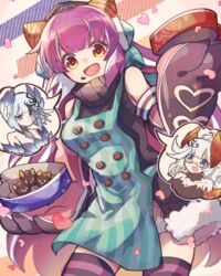  3girls :d absurdres apron bare_shoulders black_dress black_jacket blue_dress blue_eyes blush box breasts cleavage commentary_request dress food food_on_face fur-trimmed_jacket fur_trim green_apron grey_hair heart heart-shaped_box highres holding holding_box horns jacket kuuron_(moesann17) long_hair medium_breasts multicolored_hair multiple_girls open_mouth orya_(p&amp;d) ponno_(p&amp;d) purple_hair puzzle_&amp;_dragons red_eyes reeche_(p&amp;d) shirt smile solo_focus streaked_hair striped_apron striped_clothes striped_thighhighs thighhighs turtleneck vertical-striped_apron vertical-striped_clothes very_long_hair white_shirt 