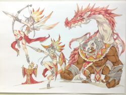  2boys 2girls abs arrow_(projectile) bandaged_foot bandaged_wrist bandages bird_hat bodypaint bow_(weapon) closed_mouth commentary criss-cross_halter crop_top dagger dark-skinned_male dark_skin dragon drawing_bow feather_hair_ornament feathered_wings feathers flying fur-trimmed_shirt fur_trim grey_hair hair_ornament halterneck headband highres holding holding_bow_(weapon) holding_knife holding_shield holding_weapon horns knee_pads knife leg_up mask multiple_boys multiple_girls muscular muscular_male navel open_mouth original outstretched_arms pelvic_curtain peter_salt red_eyes red_robe red_shirt robe shield shirt skull_mask sleeveless sleeveless_shirt spread_arms standing standing_on_one_leg traditional_media tribal weapon wide_sleeves wings 