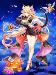  animal_ear_fluff animal_ears arched_back backless_outfit baizu_(guszx) bare_back bent_over black_tail blonde_hair blush bow breasts brown_flower brown_rose cat_ears cat_tail cherry cleavage cleavage_cutout clothing_cutout commentary_request dragon dress extra_ears fake_animal_ears female flower food fruit full_body grey_sweater hair_ornament halloween hand_up highres holding large_breasts licking long_hair long_sleeves looking_at_viewer official_art open_mouth petals pink_bow pumpkin purple_flower purple_rose red_bow red_eyes ribbon rose rose_petals shironeko_project sierra_(shironeko_project) small_dragon smile solo standing sweater sweater_dress tachi-e tail thighs turtleneck turtleneck_sweater very_long_hair virgin_killer_sweater white_dragon 