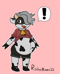  2022 anthro artist_name beaded_jewelry beaded_necklace beads bell_necklace belly big_belly black_bottomwear black_clothing black_eyebrows black_eyes black_hooves black_markings black_shorts bottomwear bovid bovine breasts brown_horn button_(fastener) cattle clothed clothed_anthro clothed_female clothing colored container curved_horn digital_drawing_(artwork) digital_media_(artwork) english_description exclamation_point eyebrows eyelashes female female_anthro full-length_portrait fully_clothed fully_clothed_anthro fully_clothed_female fur grey_hair hair hair_over_eye happy&#039;s_humble_burger_farm happy_(happy&#039;s_humble_burger_farm) hi_res holding_serving_tray holstein_friesian_cattle hoof_hands hooves horn jewelry light lighting lipstick makeup mammal markings midriff milk milk_carton milk_container multicolored_body multicolored_fur navel necklace no_pupils open_mouth open_smile outie_navel outline pink_background pink_lipstick portrait pregnant pregnant_anthro pregnant_female red_dress_shirt red_tongue robomama shaded short_hair shorts simple_background smile solo speech_bubble teeth text tongue two_tone_body two_tone_fur white_body white_fur white_inner_ear white_outline 