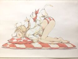  animal animal_on_back ass bandana bandana_around_neck bare_legs barefoot blonde_hair braid checkered_pillow closed_eyes closed_mouth clothed_animal commentary feline female from_side full_body highres long_hair messy_hair original panties peter_salt pillow red_bandana red_panties shirt single_braid sleeping solo striped_clothes striped_panties top-down_bottom-up traditional_media underwear white_background white_cat white_shirt 