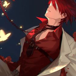  1boy black_necktie blindfold bug butterfly chain_leash chains collar highres jacket leash light_particles male_focus necktie parted_lips partially_unbuttoned red_hair red_shirt shirt sidelighting solo umineko_no_naku_koro_ni upper_body ushiromiya_battler white_jacket yellow_butterfly zhanzhan_lan 