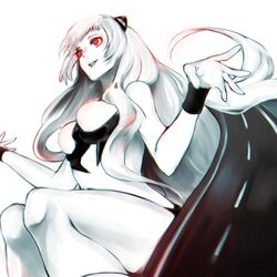  abyssal_ship airfield_princess bad_id bad_pixiv_id bare_shoulders bodysuit breasts colored_skin female from_below highres horns kantai_collection long_hair medium_breasts red_eyes sa_tsuko sitting solo very_long_hair white_background white_hair white_skin 