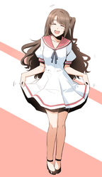  brown_hair closed_eyes commentary_request curtsey female high_heels idolmaster idolmaster_cinderella_girls long_hair one_side_up school_uniform shimamura_uzuki shino_(r_shughart) skirt skirt_hold solo 