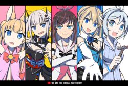  +_+ .live 5girls :d animal_ears aroha_j bare_shoulders blonde_hair blue_eyes brown_hair column_lineup commentary_request crossed_arms dennou_shoujo_siro elbow_gloves english_text fox_ears gloves grey_hair hammer highres kaguya_luna kemomimi_oukoku_kokuei_housou kizuna_ai kizuna_ai_inc. long_hair mikoko_(kemomimi_oukoku_kokuei_housou) mirai_akari mirai_akari_project multiple_girls open_mouth rust short_hair smile smirk split_screen the_moon_studio twintails virtual_youtuber virtual_youtuber_shiten&#039;nou white_gloves youtube 