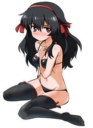  arm_between_breasts between_breasts black_hair black_thighhighs blush breasts commentary_request female hairband highres kirishima_sagiri long_hair navel red_eyes sitting solo thighhighs tokiani ukagaka wariza 