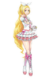  blonde_hair boots commentary_request crossed_legs cure_rhythm fantastic_belltier female green_eyes hairband highres knee_boots long_hair magical_girl minamino_kanade omae03 photoshop_(medium) precure sitting skirt solo suite_precure very_long_hair wand 