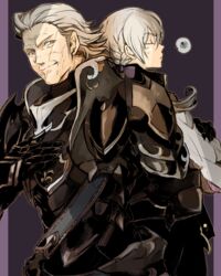  2boys armor back-to-back bad_id bad_pixiv_id blush closed_eyes commentary_request crossed_arms fire_emblem fire_emblem_fates gloves grey_hair gunter_(fire_emblem) highres jakob_(fire_emblem) long_hair low_ponytail male_focus multiple_boys orange_eyes scar torisudesu 