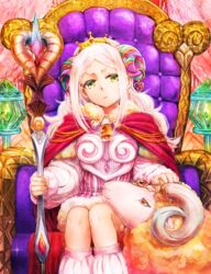  bell cape chair commentary_request dress female green_eyes highres horns jewelry long_hair makeup mascara original pink_dress sheep sheep_horns sitting solo sparkle staff sumimoto_ryuu throne tiara triangle_mouth white_hair 