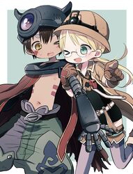  1boy 50yen_(gojiue) ;d arm_hug blonde_hair brown_eyes brown_gloves brown_hair cape commentary_request dark-skinned_male dark_skin female glasses gloves green_eyes hat helmet made_in_abyss one_eye_closed open_mouth pointing pointy_ears regu_(made_in_abyss) riko_(made_in_abyss) shorts smile standing standing_on_one_leg topless_male whistle 