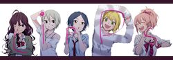  5girls :3 black_hair blonde_hair blue_eyes blush bow brown_hair commentary_request facing_another green_eyes grin hairbow hayami_kanade ichinose_shiki idolmaster idolmaster_cinderella_girls idolmaster_cinderella_girls_starlight_stage jougasaki_mika kyouno letter_pose lineup lipps_(idolmaster) long_hair looking_at_viewer miyamoto_frederica multiple_girls one_eye_closed open_mouth parted_bangs pink_hair pose school_uniform shiomi_syuko short_hair smile 