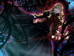  akira_(kaned_fools) brown_hair charlotte_bronte darkness evil_smile female game_cg green_eyes heterochromia long_hair plant shikkoku_no_sharnoth smile solo spoilers steampunk_(liarsoft) sword vines weapon yellow_eyes 