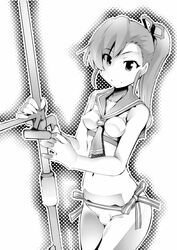  absurdres bikini commentary_request dixie_cup_hat female fukui_sora futami_mami greyscale hat highres idolmaster idolmaster_(classic) long_hair military_hat monochrome sailor_bikini sailor_collar sailor_swimsuit_(idolmaster) side_ponytail swimsuit 