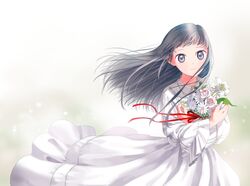  bad_id bad_pixiv_id black_eyes black_hair bouquet dress female flower long_hair long_sleeves original pambabam simple_background smile solo 