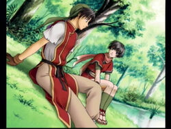  1boy black_hair brown_eyes day female forest gensou_suikoden gensou_suikoden_i gensou_suikoden_ii gensou_suikogaiden gloves grass kasumi_(suikoden) lake nature ninja outdoors robe tir_mcdohl tree yashioka_shou 