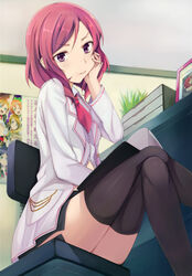  :t ascot chair commentary_request crossed_legs doctor female from_below hand_on_own_cheek hand_on_own_face kalian love_live! love_live!_school_idol_project nishikino_maki poster_(object) pout purple_eyes reading red_hair short_hair sitting skirt thighhighs v-shaped_eyebrows 