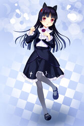  animal_ears black_hair blush cat_ears cat_tail commentary_request female gokou_ruri gothic_lolita highres lolita_fashion long_hair mary_janes mole mole_under_eye open_mouth ore_no_imouto_ga_konna_ni_kawaii_wake_ga_nai pantyhose paw_pose photoshop_(medium) red_eyes setona_(daice) shoes solo tail 