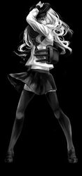  absurdres bad_id bad_pixiv_id black_background covering_one_eye female full_body greyscale hat hibiki_(kancolle) highres kantai_collection long_hair looking_at_viewer machinery monochrome sa_tsuko school_uniform serafuku skirt solo standing thighhighs 