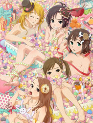  5girls ahoge amami_haruka antenna_hair barefoot black_eyes blonde_hair bow brown_eyes brown_hair candy chocolate chocolate_bar closed_eyes commentary_request doughnut feet food futami_mami gift green_eyes hairbow hands hat highres hoshii_miki idolmaster idolmaster_(classic) in_food kikuchi_makoto long_hair macaron minase_iori mini_hat mini_top_hat mixing_bowl multiple_girls nail_polish nude open_mouth photoshop_(medium) pocky short_hair side_ponytail sleeping stuffed_animal stuffed_rabbit stuffed_toy sweets toenail_polish toenails top_hat usa-chan_(idolmaster) valentine whisk yachiwo 