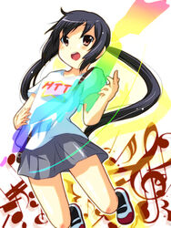  air_guitar bass_clef beamed_eighth_notes beamed_sixteenth_notes black_hair black_socks blush brown_eyes commentary_request dotted_half_note dotted_quarter_note dotted_sixteenth_note eighth_note eighth_rest female grey_skirt half_note k-on! long_hair mary_janes musical_note na!_(na&#039;mr) nakano_azusa open_mouth quarter_rest shirt shoes short_sleeves sixteenth_rest skirt socks solo strap t-shirt teeth treble_clef twintails whole_note whole_rest 