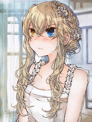  alternate_hairstyle blonde_hair blue_eyes commentary_request curly_hair expressionless female flower hair_flower hair_ornament heterochromia looking_away mary_clarissa_christie shikkoku_no_sharnoth short_hair sidelocks solo steampunk_(liarsoft) suzuka_(once) upper_body yellow_eyes 