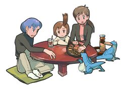  1boy 2girls animal ashura_novak blue_hair brown_hair densetsu_kyojin_ideon drink food frog hatari_naburu lotta_banda multiple_girls sarmatamra table 