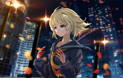  armcho ascot bad_id bad_pixiv_id blonde_hair blood blood_on_face blood_on_hands blouse blue_sailor_collar brown_eyes building city female haru_estia lamppost lens_flare long_sleeves looking_away night outdoors parted_lips petals photoshop_(medium) sailor_collar school_uniform serafuku shirt short_hair solo soulworker tears torn_clothes torn_shirt upper_body wind 