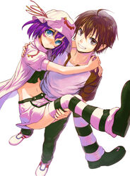  1boy arm_around_neck blue_eyes blush brown_eyes brown_hair carrying chourui_keiko commentary_request female fujiwara_yumeji grin hand_on_another&#039;s_back hands hat highres merry_nightmare midriff navel photoshop_(medium) princess_carry purple_hair skirt smile striped_clothes striped_thighhighs thighhighs yumekui_merry zettai_ryouiki 