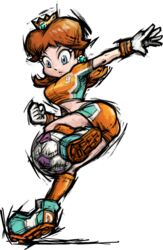  ass blue_eyes brown_hair crown earrings female gloves jewelry official_art princess_daisy short_hair super_mario_bros. super_mario_land super_mario_strikers 