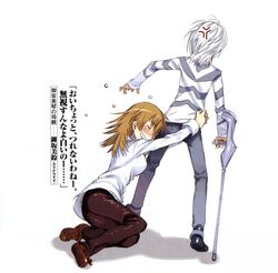  1boy accelerator_(toaru_majutsu_no_index) albino anger_vein black_footwear blush breasts brown_footwear brown_hair crutch denim drunk female haimura_kiyotaka jeans loafers medium_hair misaka_misuzu non-web_source novel_illustration official_art pants photoshop_(medium) shirt shoes smile striped_clothes striped_shirt toaru_majutsu_no_index toaru_majutsu_no_index:_old_testament translated white_hair white_shirt 